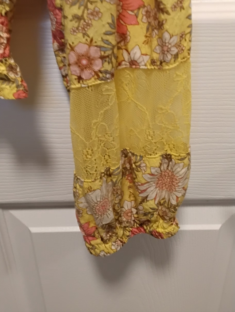 SALE:( 3/ $30.00) Yellow Floral Lace-Trim V-Neck Blouse - Picture 3 of 7